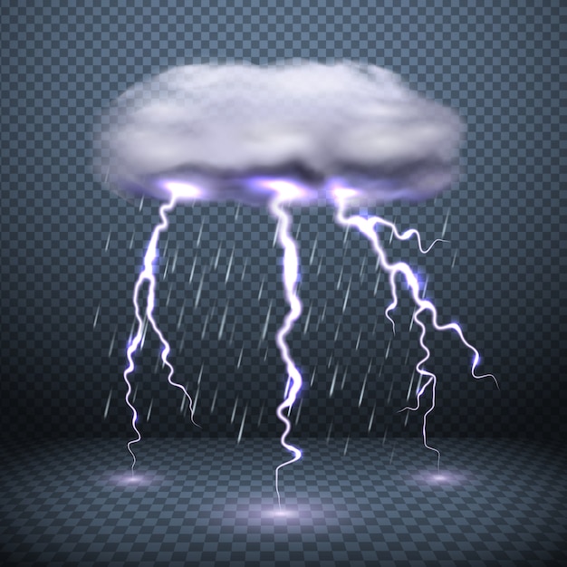 stormy cloud lightning and falling rain realistic vector illustration