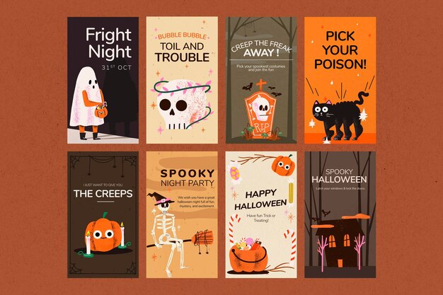 Vettore gratuito vettore di modelli di storia, set di illustrazioni di halloween