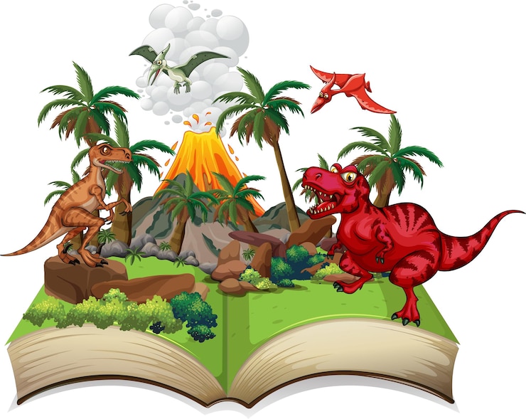 Free Vector storybook with dinosaurs in the woods