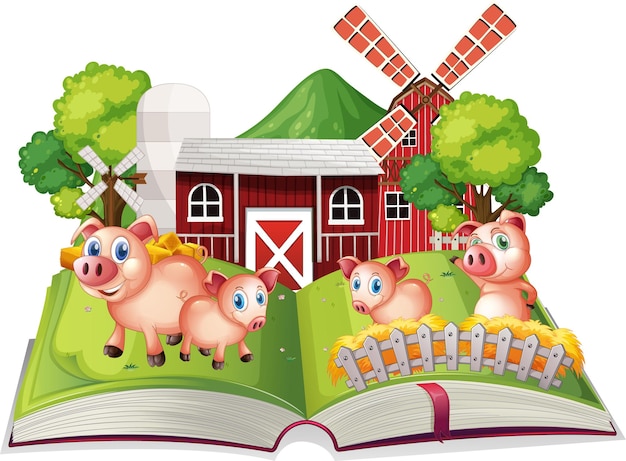 Free vector storybook with pigs on the farm