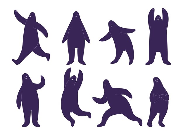 Strange creatures in different poses cartoon illustration set. Dark blue figures of human or person on white background. Cute people running, dancing, waving with hand. Abstract characters concept