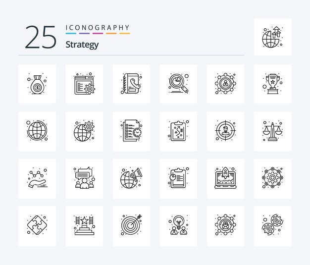 Strategy 25 Line icon pack including user seo phone book affiliate graph