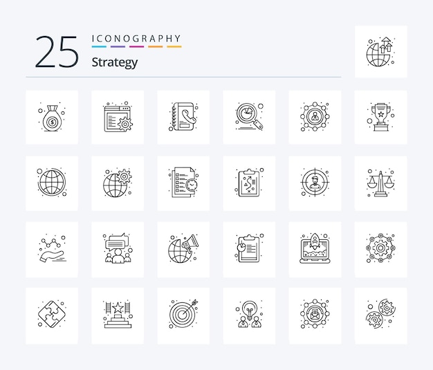 Strategy 25 Line icon pack including user seo phone book affiliate graph