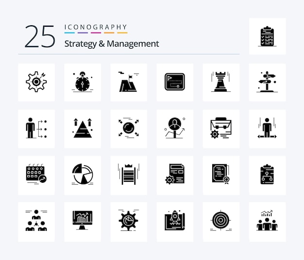 Strategy And Management 25 Solid Glyph icon pack including direction route map bell land sucess