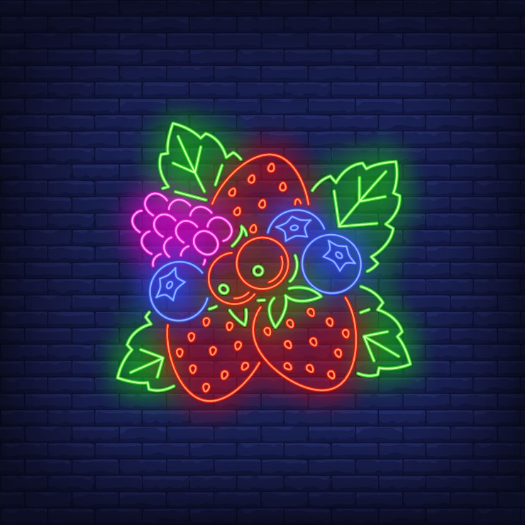 Free Vector strawberries, blueberries, red currants and raspberry neon sign.