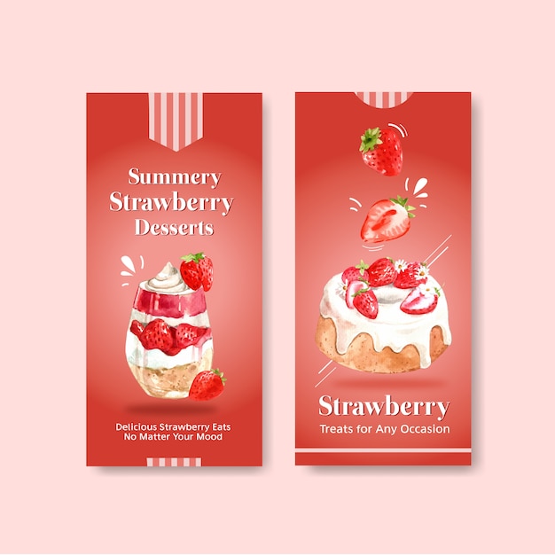 Free vector strawberry baking flyer template design for brochure with cheesecake and shortcake watercolor illustration