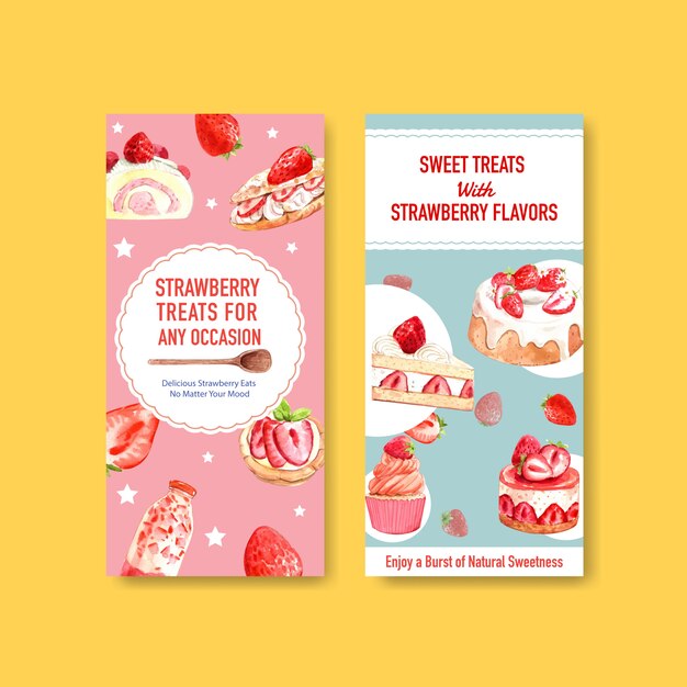 Strawberry baking flyer template design for brochure with cupcake, jelly roll, shortcake and milkshake watercolor illustration