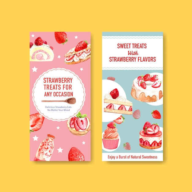 Strawberry baking flyer template design for brochure with cupcake, jelly roll, shortcake and milkshake watercolor illustration