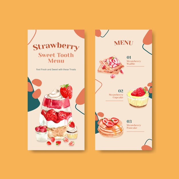 Strawberry baking flyer template design for brochure with cupcake, waffles, cheesecake and shortcake watercolor illustration