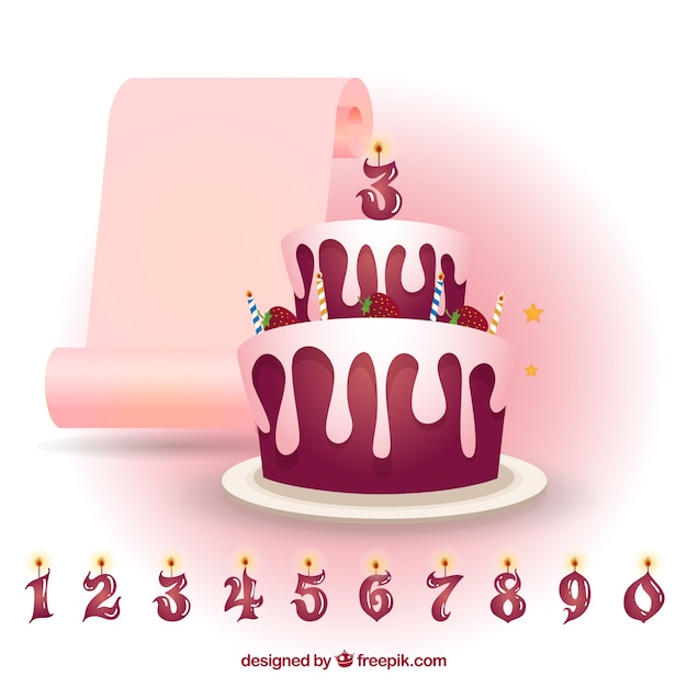 Free vector strawberry birthday cake with candles numbers