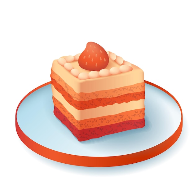 Vettore gratuito torta di fragole 3d illustrazione vettoriale. dessert servito con frutti di bosco sul piatto a casa o al ristorante in stile cartone animato isolato su sfondo bianco. ristorante, menu, concetto di cibo