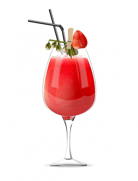Free vector strawberry cocktail in a glass with straws and fruit decoration