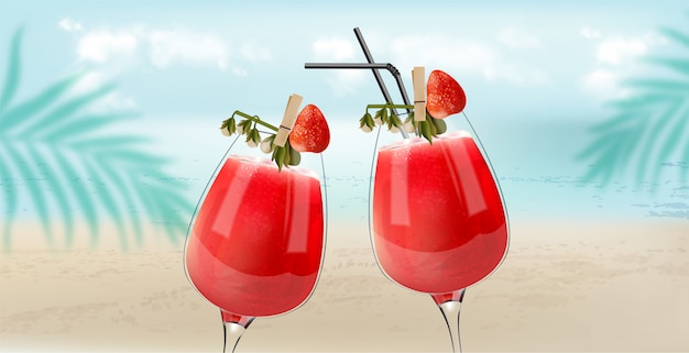 Free vector strawberry cocktails clinking with beach, sea and palm leaves on background. breeze atmosphere