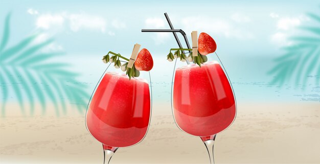 Strawberry cocktails clinking with beach, sea and palm leaves on background. Breeze atmosphere