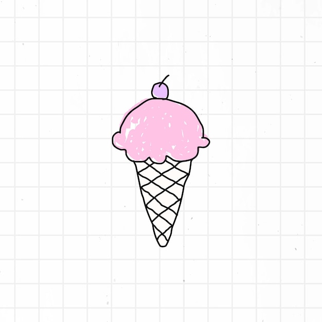 Free vector strawberry ice cream in a waffle cone doodled on a grid background vector