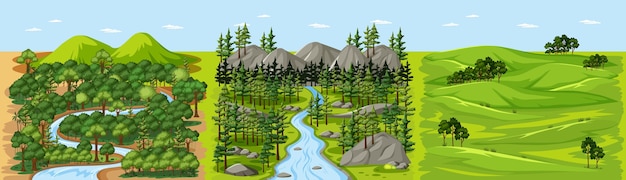 Vettore gratuito flusso nella scena del paesaggio della natura della foresta