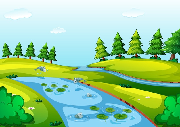 Free vector stream in the nature park scene