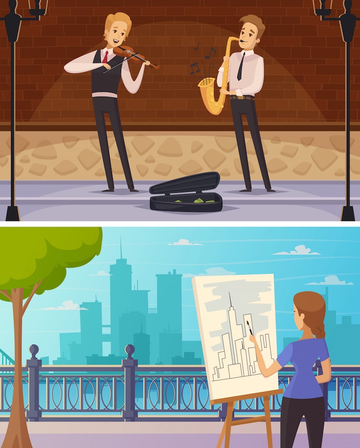 Free Vector street artists cartoon horizontal banners 