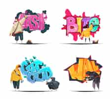 Free vector street artists graffiti painting white walls using spray stencils charcoal 4 bright cartoon compositions set vector illustration