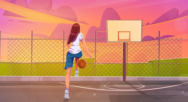 Street basketball court with girl player with ball