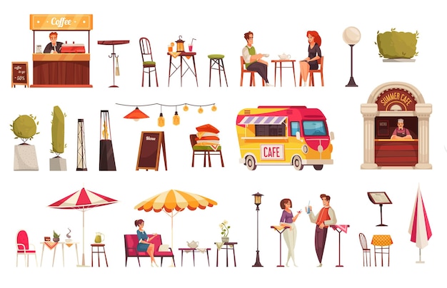 Free vector street cafe bar restaurant outdoor terrace service fast food desserts refreshments bus customers cartoon set vector illustration