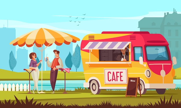 免费矢量街咖啡馆巴士在城市公园卡通成分与年轻夫妇享受清凉饮料