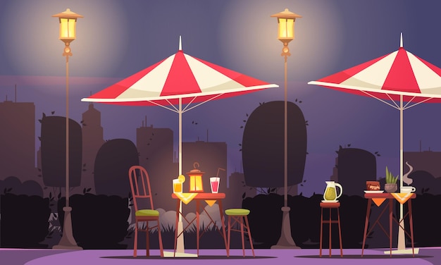Уличное кафе мультяшная композиция со столами, коктейльные напитки, зонтики при свете фонаря