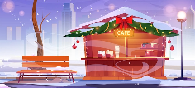 Street cafe in city park with christmas decoration