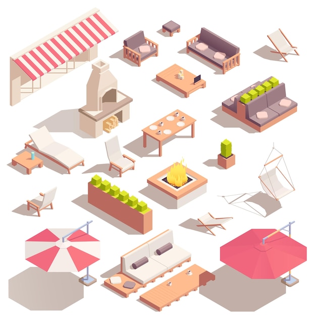 Street cafe isometric icons set with terrace furniture items isolated vector illustration