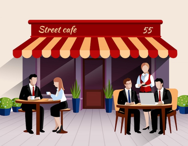 Free vector street cafe outdoor terrace business lunch scene with waitress taking order flat banner