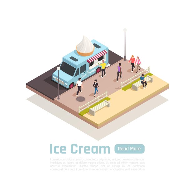 通りのイラストにアイスクリームトラックとストリートカートトラックアイソメトリックバナーの概念、