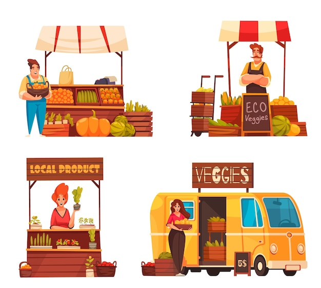 Street fair 2x2 design concept set of local farmers selling eco products outdoor in summer trade tents cartoon vector illustration