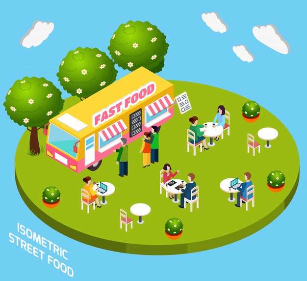 Street fast food truck isometric banner