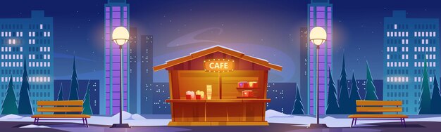 Street fastfood cafe at winter night cityscape