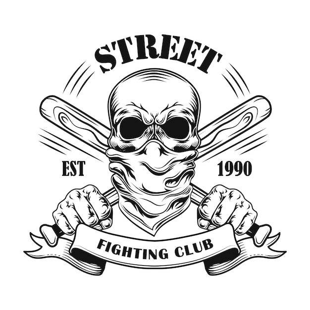 Street fight member vector illustration. skull in bandana, crossed baseball bats and text