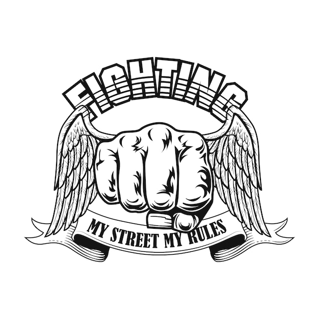 Street fighter emblem vector illustration. fists with wings, text on ribbon