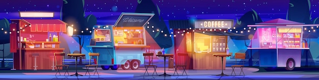 Бесплатное векторное изображение Уличные киоски с едой и напитками в ночном парке