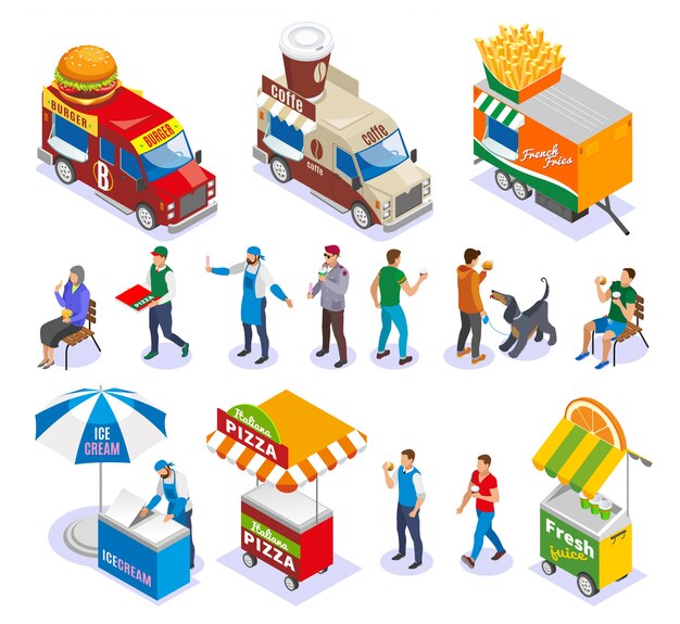 Уличные продуктовые тележки и продавцы транспортных средств и клиенты набор изометрических иконок