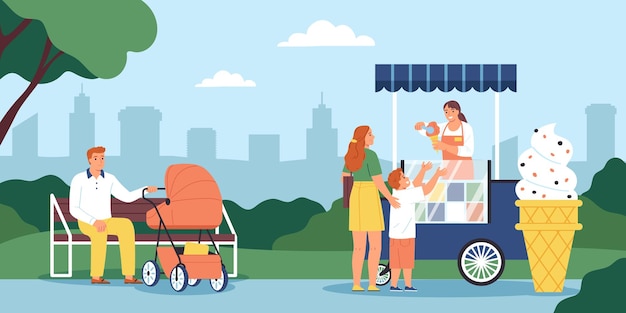 Бесплатное векторное изображение Композиция уличной еды с силуэтом городского пейзажа на открытом воздухе и персонажами членов семьи, покупающими еду в киоске векторной иллюстрации