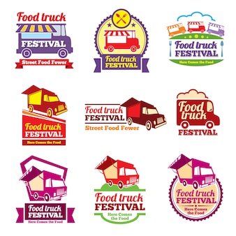 Street food festival color labels set. cafe urban, mobile market, event and transport, vector illustration
