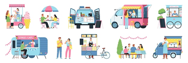Бесплатное векторное изображение Фестиваль уличной еды набор изолированных композиций с человеческими персонажами, поедающими нездоровую пищу и векторные иллюстрации грузовиков с едой
