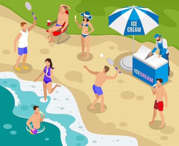 Street food isometric composition with trade of ice cream on beach