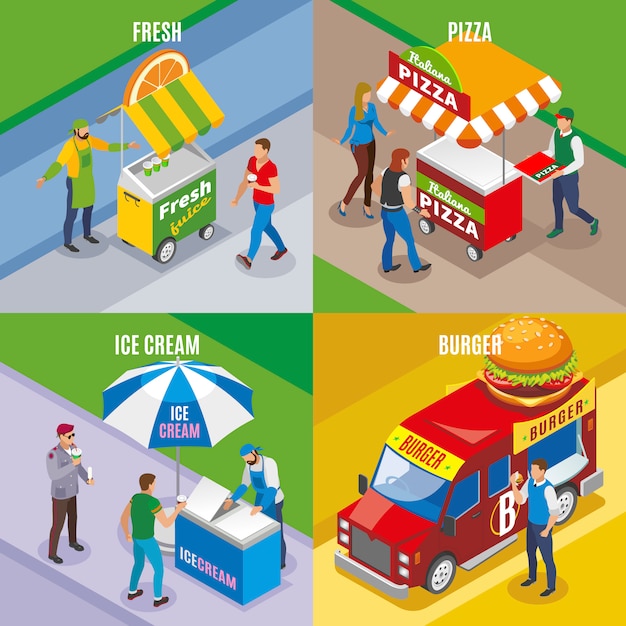 Street food isometric concept with fresh juice pizza ice cream and burger