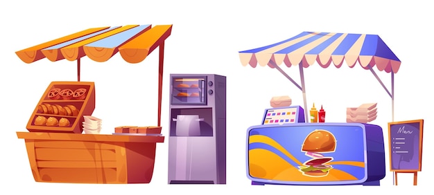 Free vector street food market stall vector festival illustration cartoon park snack shop stand for summer outdoor event with burger and sandwich 2d urban game restaurant to sell bakery product for lunch