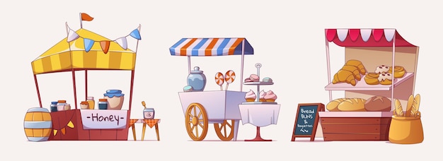 Free vector street food market stalls with honey and bee products fresh bakery pastries confectionery candies and cookies cartoon vector illustration set of farmer stand with food for funfair and park festival