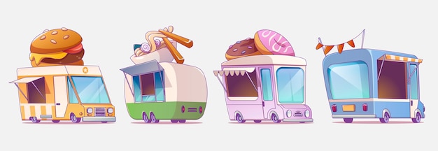 Vettore gratuito street food truck illustration for festival vector van vendor isolated icon set with burger donut coffee and snack tent car cafe merchant for commercial fast food industry asian kitchen stand