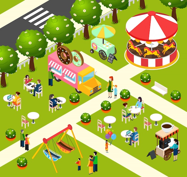 Free vector street food truck isometric composition poster