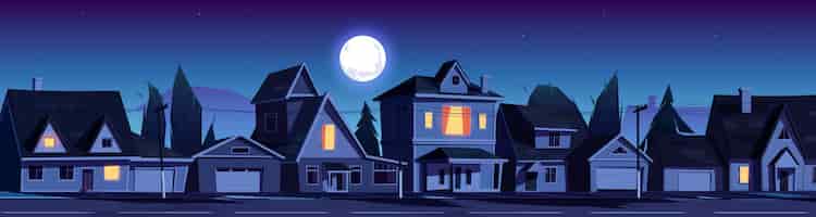 Бесплатное векторное изображение Улица в пригороде с домами ночью