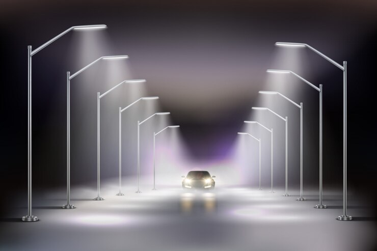 Free Vector street lights realistic in fog composition with car in the light of night street lamps  illustration