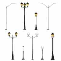 Free vector street lights realistic icon set on white background in different styles for the city  illustration